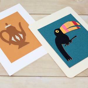 Jeu de cartes de note de 2 - Cafetière antique - Toucan coloré sur fond de liège sarcelle - Cartes de notes vierges avec enveloppes, 4 1/4 x 5 3/4 »