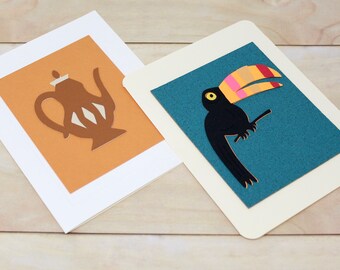 Note Card Set of 2 - Antique Coffee Pot - Colourful Toucan on Teal Cork Background - Blank Note Cards with Envelopes, 4 1/4 x 5 3/4"