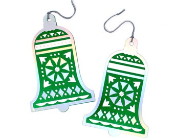 Beautiful Hanging Bells - Set of 2 - Green and Silver Foil - Rhinestone - Jumbo Gift Tag or Elegant Holiday Decoration - Attached to String