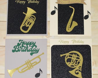 Musician Birthday Card - French Horn, Trumpet, Saxophone, or Tuba - Orchestra - Glitter - White Envelope - 4 3/4" Square - Choose One