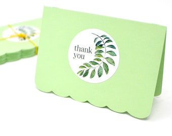 Pale Green Thank You Cards - Set of 15 - Leaves - Small Thank You Cards - 2 1/2" x 3 1/2" - Good for Gift Enclosure, Order Packaging, etc.