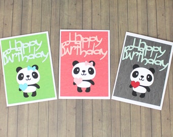 Panda Birthday Card Set - 4" x 5 1/2" - Cute Pandas with Hearts - Happy Birthday - Faux Wood Grain - Set of 3 - White Envelopes