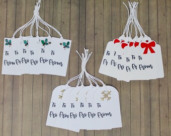 Holiday Gift Tags - Set of 18, Gold Foil Snowflake, Green Glitter Holly, Red Bow, Prestrung met White Bakers Twine - Holiday Packaging
