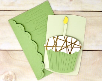 Cupcake Note Cards - Set of 6 - Sage Green Small Card Set - 2 3/4" x 4 1/4" - Fancy Cupcakes - Cute Stationery - Velcro Envelope Flap