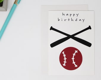 Baseball Birthday Card - 4 1/2 x 6" - Black, White, and Red - Modern Sports Happy Birthday Card - Card for Athlete, Card for Son