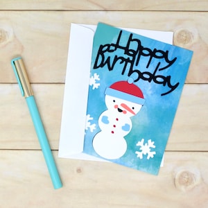 Carte d'anniversaire hiver bonhomme de neige fournie - effet aquarelle bleu - joyeux anniversaire hiver - bonhomme de neige - carte pour ami - 4 1/4" x 5 1/2"