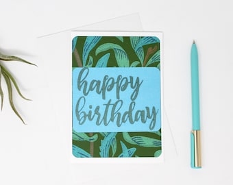 Tropical Green and Blue Birthday Card - 4 1/4 x 6" - Metallic - Plant-Themed Happy Birthday Card - Envelope Included