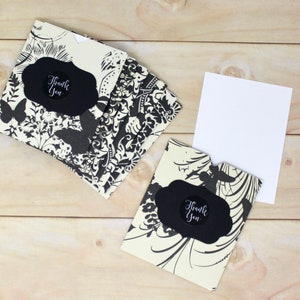 Open Pocket Thank You Envelopes - Set of 8 - Black and Ivory Floral Butterfly - 3 1/4" x 4" - With White Inserts - Order Packaging, etc.