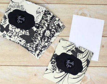Open Pocket Thank You Envelopes - Set of 8 - Black and Ivory Floral Butterfly - 3 1/4" x 4" - With White Inserts - Order Packaging, etc.