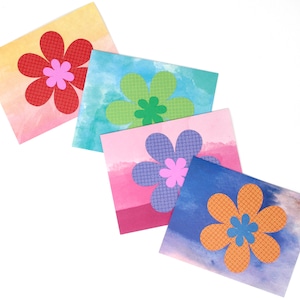 Lot de 4 cartes de correspondance fleurs lumineuses - fleurs colorées, fond aquarelle - enveloppes blanches, 4 1/4 x 5 1/2" - joli jeu de cartes postales escargot