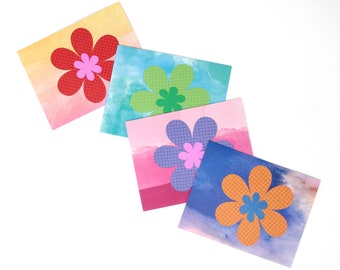 Bright Flower Note Cards - Set of 4 - Colourful Flowers, Watercolour Background - White Envelopes, 4 1/4 x 5 1/2" - Cute Snail Mail Card Set