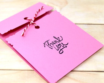 Pink Thank You Note Cards - Tri-Fold with String Tie Design - Set of 9 - Scalloped Corners - Small Thank You Cards - 4 1/2"