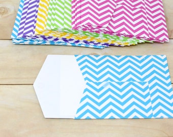 Chevron Envelopes with Blank Flat Note Card - Set of 25 Colourful Envelopes with Velcro Closure - Small Notes, Order Packaging, 4 1/2" Tall