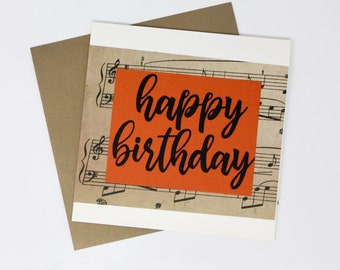 Music Happy Birthday Card - 5 1/2 x 5 1/2" - Brown and Orange - Happy Birthday - Square Card - Card for the Music Lover