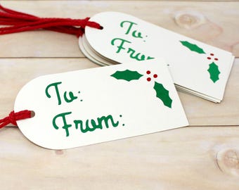 Green Foil Holly Gift Tags - Set of 6 - Holiday Gift Packaging - 4 3/4" Long - Attached to Red String
