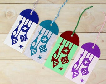 Holiday Ornament Foil Gift Tags - 4 3/4" Tall - Set of 6 with String - Choose One Set