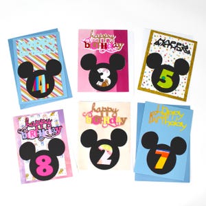 Carte de joyeux anniversaire pour enfant avec oreilles de souris - Vous choisissez - Différents âges d'enfants disponibles - Couleurs vives - Enveloppe incluse