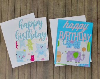 Cute Animal Birthday Card Set - 4 1/4 x 5 1/2" - Elephants and Teddy Bears - Happy Birthday - Card for Kid, Card for Friend, Card for Son