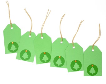 Christmas Tree Gift Tags - Set of 6 - Bright Green Tag with Tree and Rhinestone - 3 1/2" tall - Holiday Wrapping Supplies - With String