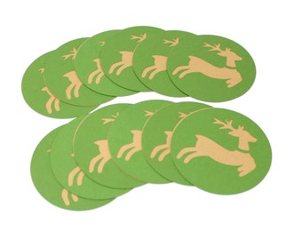 Christmas Paper Coasters - Set of 12 - Forest Green and Kraft Brown Reindeer - 4" Circles - Holiday Home Decor, Parties, Gift Tags, etc.