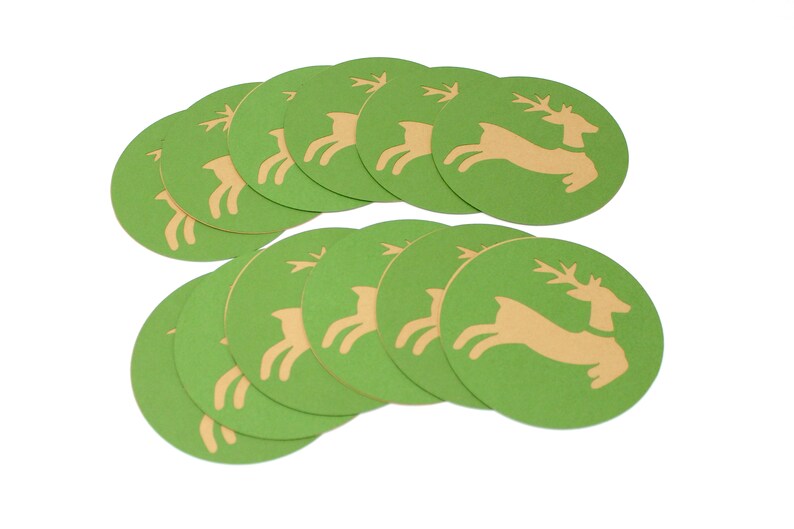 Christmas Paper Coasters Set of 12 Forest Green and Kraft Brown Reindeer 4 Circles Holiday Home Decor, Parties, Gift Tags, etc. image 1