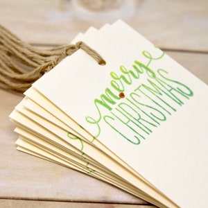 Merry Christmas Gift Tags Set of 12 Ivory with Green Ink, Gold Rhinestone Tag Set Holiday Packaging, Wrapping Supplies With String image 1