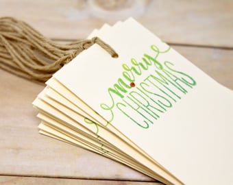 Merry Christmas Gift Tags - Set of 12 - Ivory with Green Ink, Gold Rhinestone - Tag Set - Holiday Packaging, Wrapping Supplies - With String