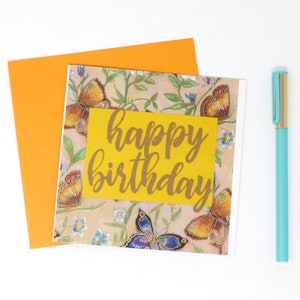 Carte d’anniversaire Butterfly Garden - 5 1/2 x 5 1/2 » - Orange - Adorable carte Butterfly Joyeux anniversaire - Carte carrée - Enveloppe incluse