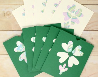 Flower Envelopes and Note Cards - Set of 5 - Green Open Pocket Envelope - Ivory Note Card - Pastel Flowers - Order Packaging, Snail Mail