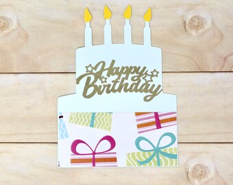 Carte d'anniversaire gâteau - Gâteau bleu pâle avec bougies - Feuille d'or - Carte de vœux vierge - Joyeux anniversaire - Carte en forme de gâteau - Enveloppe incluse