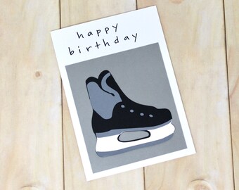 Skate Birthday Card - Black and Grey Skate - Shimmer Silver Background - White Envelope, 4 x 5 1/2", Card for Hockey Fan or Hockey Player