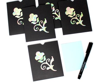 Black Open Sleeve Envelopes with Pastel Flower Design - Set of 5 - Light Blue Note Card - Order Packaging, Snail Mail, Gift Card Holder