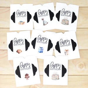 Enveloppes à manches ouvertes Happy Birthday - Lot de 8 - Noir et blanc avec images d'anniversaire - Porte-monnaie ou carte-cadeau, etc. 3 1/2" de haut