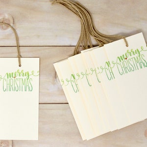 Merry Christmas Gift Tags Set of 12 Ivory with Green Ink, Gold Rhinestone Tag Set Holiday Packaging, Wrapping Supplies With String image 2