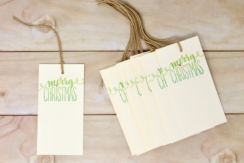 Merry Christmas Gift Tags Set of 12 Ivory with Green Ink, Gold Rhinestone Tag Set Holiday Packaging, Wrapping Supplies With String image 2