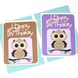 Ensemble de cartes d’anniversaire Owl - 5 » x 6 1/2 » - Hiboux mignons - Joyeux anniversaire - Nuances de violet et de brun, faux grain de bois - Enveloppes bleues