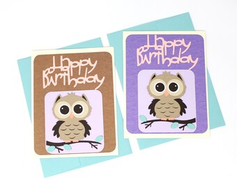 Owl Birthday Card Set - 5" x 6 1/2" - Cute Owls - Happy Birthday - Shades of Purple and Brown, Faux Wood Grain - Blue Envelopes