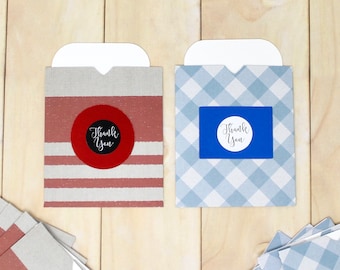 Open Pocket Envelopes - Set of 12 - Red Stripes, Blue Plaid - 3 1/2" x 4" - Thank You - White Inserts - For Customers, Order Packaging, etc.