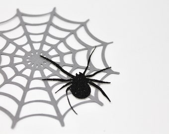 Spider Web Embellishments - Set of 6 - 4" Round Gray Webs with Black Glitter Spiders - Crafting, Cardmaking, Scrapbooking Supply, Halloween