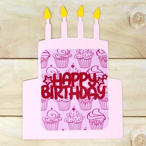 Carte d'anniversaire gâteau - Gâteau rose avec bougies - Motif cupcake - Carte de vœux vierge - Joyeux anniversaire - Carte en forme de gâteau - Enveloppe incluse