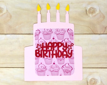Carte d'anniversaire gâteau - Gâteau rose avec bougies - Motif cupcake - Carte de vœux vierge - Joyeux anniversaire - Carte en forme de gâteau - Enveloppe incluse