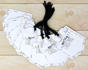 Fancy Merry Christmas Gift Tags - Set of 10 - White and Gold Foil Border - Modern Holiday Packaging - Attached to Black String - 3 3/4"