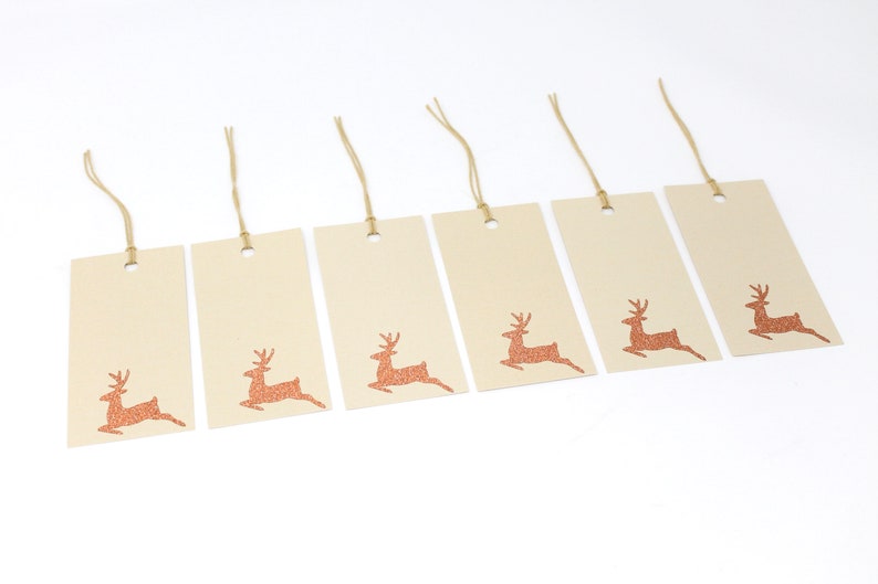 Sparkly Reindeer Gift Tags Set van 6 Zacht goud metallic tag met bronzen glitter rendier vakantie verpakking benodigdheden met touw afbeelding 2