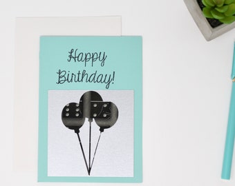 Mint Green Birthday Card with Balloons - 4 1/4 x 6" - Black, Silver - Happy Birthday Card - Card for Dad, Card for Him, Card for Friend