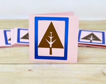 Modern Christmas Tags - Pale Pink - Gold Trees with Blue Foil Border - Set of 12 - Fold Over Cards - Holiday Packaging, Adhesive Gift Tags