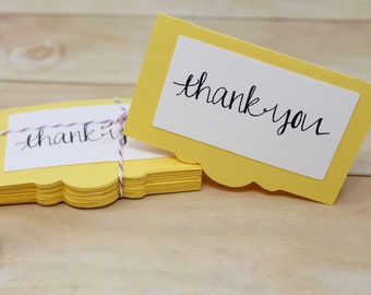 Small Thank You Cards - Set of 15 - Scallop Edge - Yellow and White - 3 1/2" x 2 1/4" - Ideal for Gift Enclosure, Order Packaging, etc.