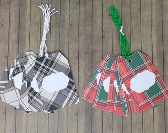 Plaid Gift Tags - Set of 10 - Christmas or Holiday Tags, Flannel Style, Red, Beige, Modern and Cozy Holiday Packaging, Wrapping Supplies