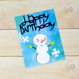Adorable Snowman Winter Birthday Card - Blue Water Colour Effect - Winter Happy Birthday - Card for Friend - Card for Kids - 4 1/4" x 5 1/2"