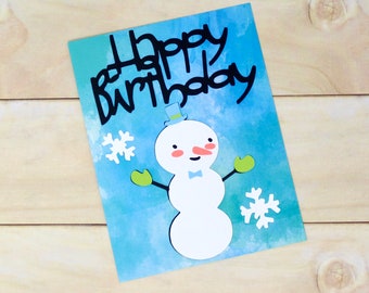 Adorable Snowman Winter Birthday Card - Blue Water Colour Effect - Winter Happy Birthday - Card for Friend - Card for Kids - 4 1/4" x 5 1/2"