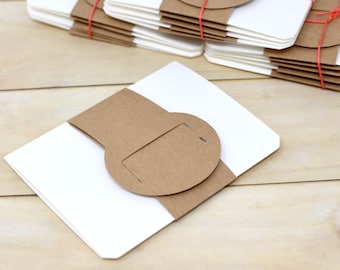 Blank Note Cards - Unique Kraft Slip On Belt Closure - Set of 15 - White and Brown - Small Note Cards - 3" x 4" - Order Packaging, etc.